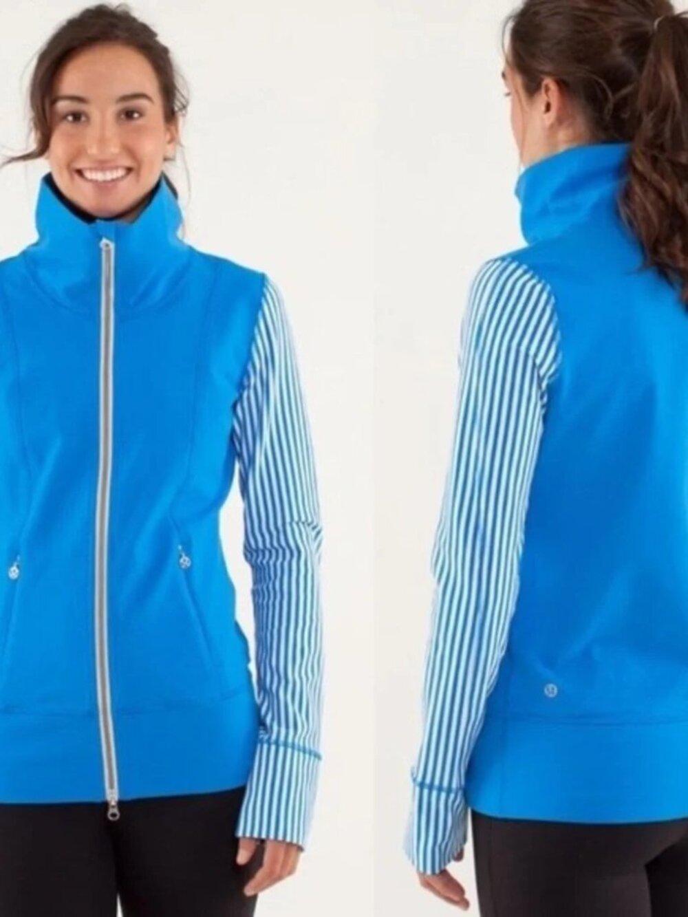 Lululemon Daily Yoga Jacket Beaming Blue White Striped Sleeves Womens Size 6